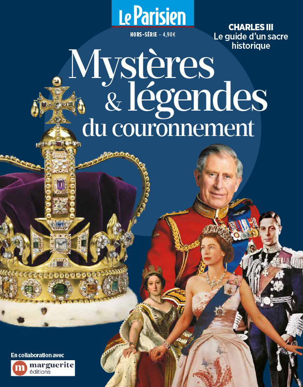 Couverture du magazine Le Parisien, intitulé : Mystères & légendes du couronnement. Figurant à gauche une grande image de la couronne et à droite un montage de photo avec notamment la reine Elizabeth jeune ainsi que le roi Charles